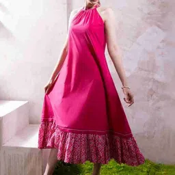 The White Tree Studio Floral Colourblocked Halter Neck Ruffled A-Line Midi Dress image 3