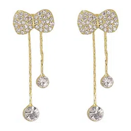 TheVineGirl Gold Plated Cubic Zirconia Studded Tasseled Bow Shaped Korean Drop Earrings image 3