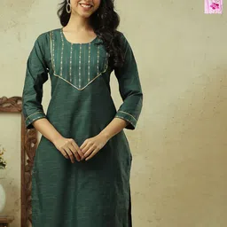 AUZAAI COLLECTION Selection Of 2 Ethnic Motifs Thread Work Round Neck Straight Kurtas-picture-18