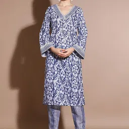 Anouk Blue Floral Printed Mirror Work Pure Cotton Straight Kurta With Trouser-picture-30