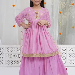 Little Bansi Girls Floral Embroidered Sequinned Chanderi Silk Kurta With Sharara & Dupatta-picture-48