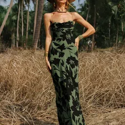 KPOP Women Cowl Neck Floral Printed Sheath Maxi Dress-image-69