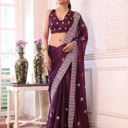 Mitera Floral Embroidered Sequined Pure Chiffon Saree image 4