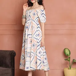 Aawari Women Floral Printed Off-Shoulder Fit and Flare Midi Dress image 4