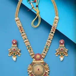 ORANGENYSHA Gold-Plated Artificial Stones Studded & Beaded Temple Jewellery Set image 1