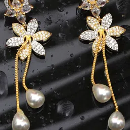 JYONA Flashy Gold-Plated American Diamond Studded Floral Drop Earrings-picture-10