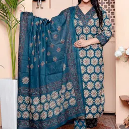 NAVYAAZRI Women Ethnic Motifs Printed Regular Pure Cotton Kurta with Trousers & With Dupatta-picture-35