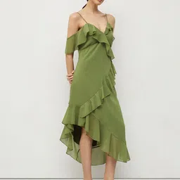 HOUSE OF S Women Shoulder Straps Ruffled Asymmetrical Midi Wrap Dress image 5