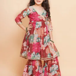 BAESD Girls Floral Printed Angrakha Kurta with Sharara & With Dupatta image 5