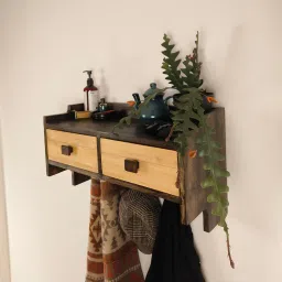 symplify Golden Oak Wooden Wall Shelf With Drawers & Key Holders image 6