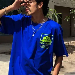 veirdo Oversized Men Printed Round Neck Pure Cotton Blue T-Shirt image 2