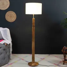 White Iron & Cloth Shade Club Floor Lamp With Wood Base by Sapphire image 1