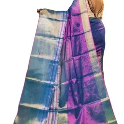 sagar Woven, Striped, Ombre, Geometric Print, Temple Border Bollywood Tissue Saree image 2