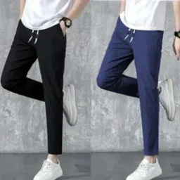 retailmart Pack of 2 Men Slim Fit Black, Blue Lycra Blend Trousers-picture-22
