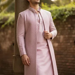 KISAH Embroidered Mandarin Collar Front Open Sherwani Set image 2