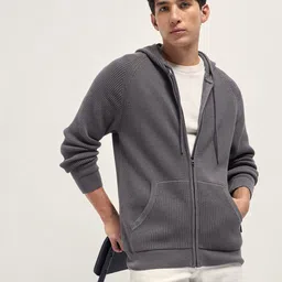 THE BEAR HOUSE Men Cotton Solid Textured Full Zip Hooded Sweatshirt-image-19