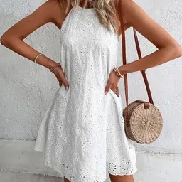 miss mosa by akanksha Alamode By Akanksha Halter Neck White Elode Cotton Eyelet Summer A-LineDress-picture-21