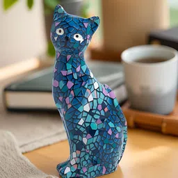 Golden Peacock Blue & Pink Mosaic Cat Showpiece image 5