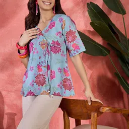 Sangria Women Floral Printed V-Neck Tie-Ups Top-picture-33