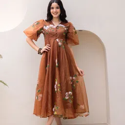 Ambraee Brown Floral Printed Bishop Sleeves Organza Fit & Flare Midi Dress-image-28
