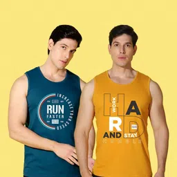 WOOSTRO Men Pack of 2 Typography Printed Round Neck Cotton Slim Fit Sports T-shirts image 3