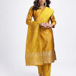 Anouk Rustic Ethnic Motif Woven Design Notched Round Neck Kurta With Trousers & Dupatta image 4
