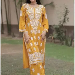 Rujave Ethnic Motifs Embroidered Straight Chikankari Kurta with Palazzos-picture-35