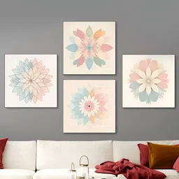 nestroots Cream-Coloured & Blue 4 Pieces Floral and Botanical Canvas Painting Wall Arts-image-2