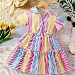 YK Girls Striped Shirt Collar Fit & Flare Midi Dress-picture-20