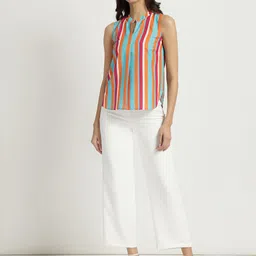 FableStreet Women Blue And Orange Stripes Print Colourblocked Mandarin Collar Top-image-77