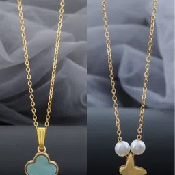 Birado Jewellery Set Of 2 Steel Gold-Plated Artificial Beaded Floral Pendants With Chains-picture-37