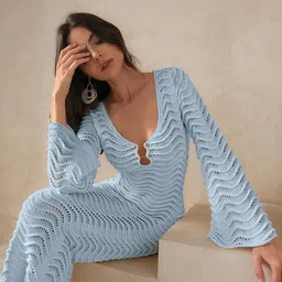 miss mosa by akanksha Alamode By Akanksha Shirly Women Ice Blue Luxe Crochet Knit Dress -Resortwear image 3