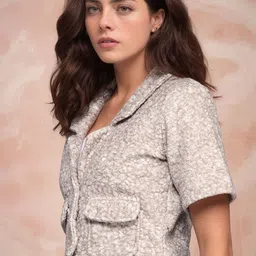 Chemistry Self Design Single-Breasted Woollen Tweed Crop Coat image 2