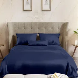 BED LINEN Navy Blue Satin 144 TC Queen Bedsheet Set 2.54 m x 2.28 m-picture-17