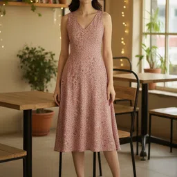 AADVIKA Floral Printed V-Neck No Sleeves A-Line Midi Dress-image-0