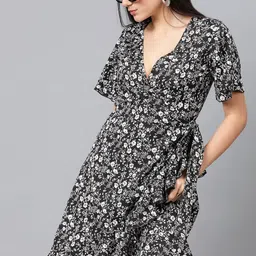 Stylecast X Kotty Women Floral Printed V-Neck Fit & Flare Knee Length Dress image 3