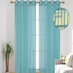 Aura Turquoise Blue Set of 2 Striped Sheer Window Curtain image 3