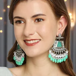 fabula Kundan Studed And Beaded Oxidised contemporary Drop Earrings-image-16