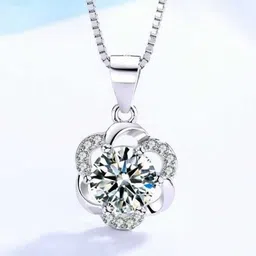 Bling Queen Silver-Plated Floral-Shaped Cubic Zirconia Studded Pendant With Chain-picture-32