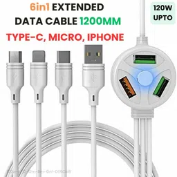 TECKLE 3-in-1 Cable 12 A 1.2 m Metal Braided 6in1 Data Cable with 3 Plug, 3 USB, 3 Port, 120W Fast Charging, 8A Max Current, 1.2M Line Length, Charging Only |D19D0EN image 1