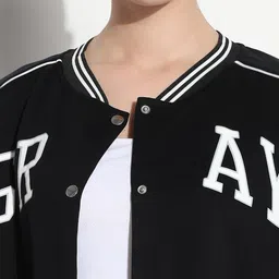 SHOWOFFFF Women Typography Colourblocked Windcheater Crop Varsity Jacket image 3