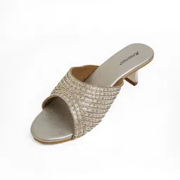 Kneetoes Women Dazzling Gold Kitten Heel Party Sandals image 4