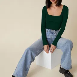 Maheshvi Women Ribbed Square Neck Long Sleeves Crop Fitted Top image 4