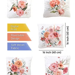 FABINALIV White & Pink 5 Pieces Printed Velvet Square Cushion Covers image 4
