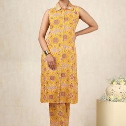 Soch Ethnic Motifs Printed High Slit Shirt Collar Sequinned Straight Kurta With Trousers-picture-39