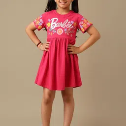 Kids Ville Girls Barbie Printed Pure Cotton Dress-image-0