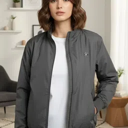 Promount Women Mock Collar Solid Windcheater Bomber Jacket-picture-23