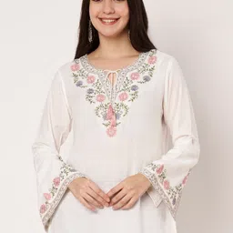 Atha Fashion Floral Embroidered Tie-Up Neck Flared Sleeve Ethnic Cotton Top-picture-10