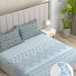 Pure Decor Blue & Black Ethnic 180TC Cotton Fitted Double King Bedsheet Set 1.8 m x 1.9 m-image-93