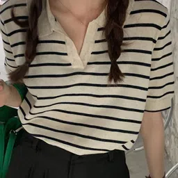 HERE&NOW Women Striped Shirt Collar Top image 1